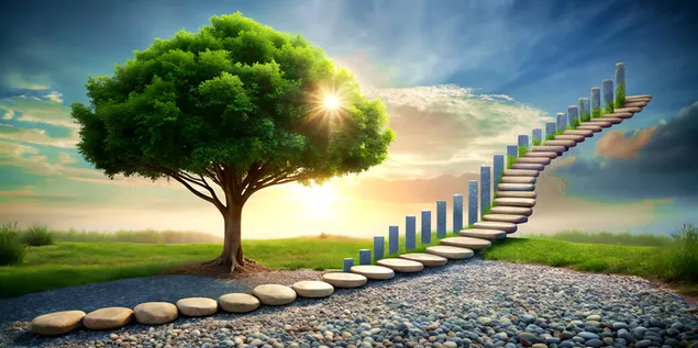 Ταπετσαρία Μαγικό Δέντρο με Ουράνιο Μονοπάτι προς τον Ουρανό και ατμόσφαιρα ηλιοβασιλέματος 4K