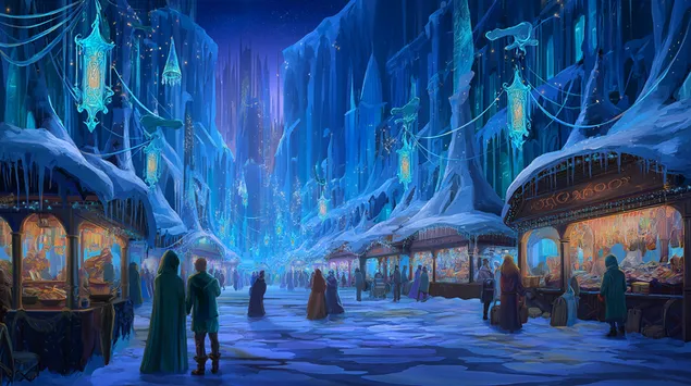 Pasar Musim Dingin yang Ajaib dengan Struktur Es dan Warna Biru 2K wallpaper
