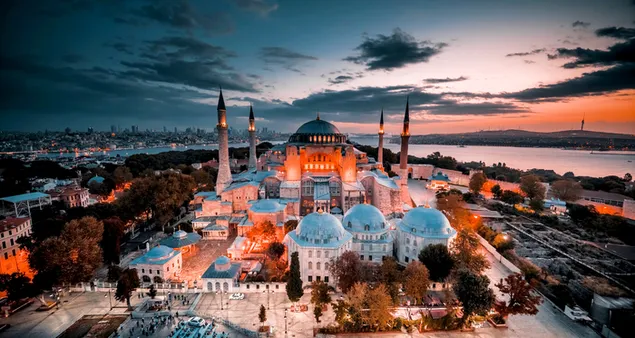 Prachtige Hagia Sophia-moskee Bosporus en zonsondergang