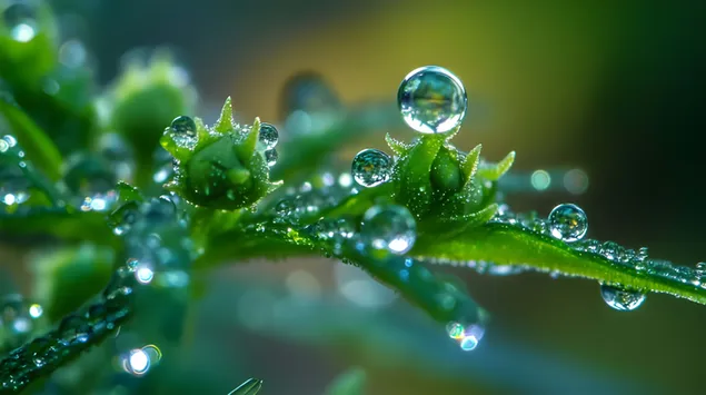 ความสงบที่ขยายใหญ่: หยดน้ำค้างบนใบไม้ในโฟกัส 8K วอลเปเปอร์