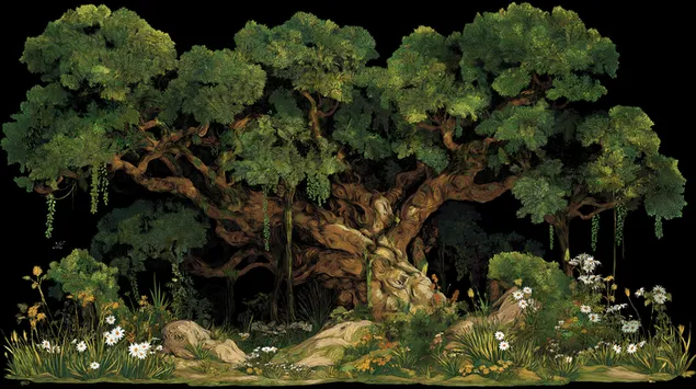 Majestetisk gammelt tre med frodig løvverk og skogflora 2K bakgrunn