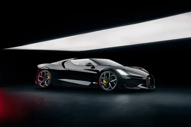 Vẻ ngoài hoành tráng của mẫu xe thể thao Bugatti màu đen bóng, với vành thép màu đen đỏ tải xuống