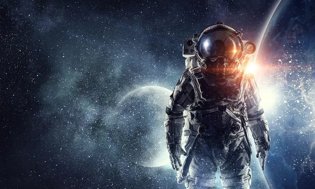 Majestätischer Astronaut, der vor Mond und Erde steht
