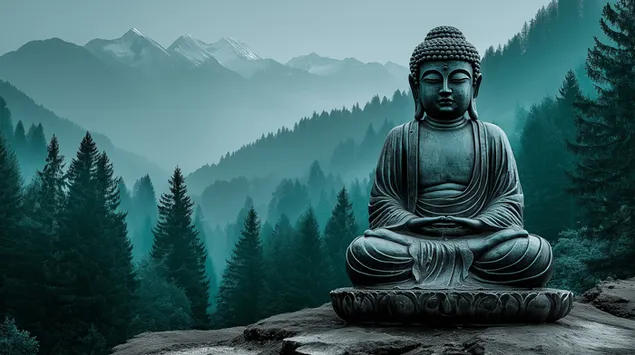 majestatna socha budhu uprostred pokojnych hmlistych hor a lesov stiahnut