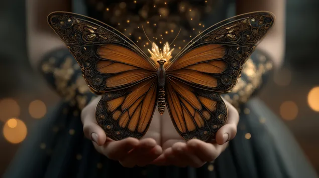 Tapeta Majestátny motýľ s korunou, jemne držanou rukami 2K