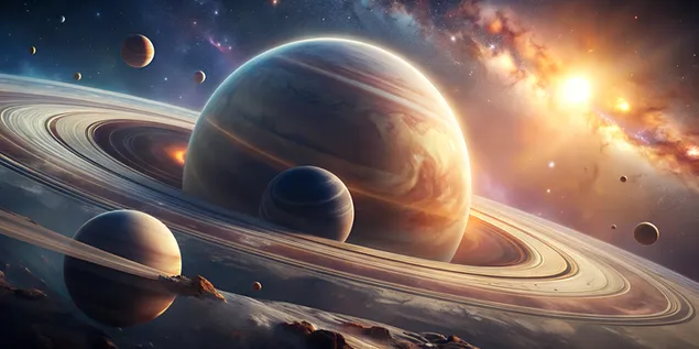 Close-up majestoso de um planeta com anéis e suas luas com texturas detalhadas e luz atmosférica 4K papel de parede