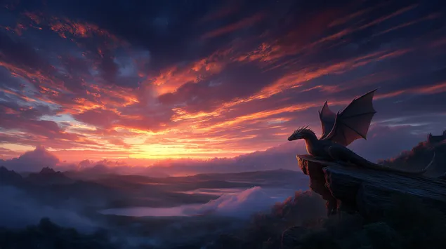 Veličanstveni zmaj na litici pri zalasku sunca 2K pozadina