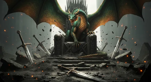 Dragão majestoso no Trono de Ferro em meio ao Reino em Ruínas, Casa do Dragão para plano de fundo da área de trabalho 4K papel de parede