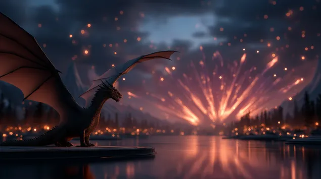 majestatyczny smok na nabrzezu z odleglymi wybuchajacymi swiatlami pobierz