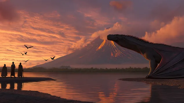 dragua madheshtor me pamje nga nje liqen vullkanik ne perendimin e zjarrte te diellit shkarkim