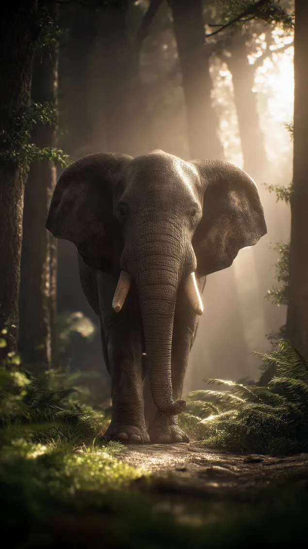 Elefanti Madhështor në Pastrimin e Pyllit të Plotë nga Dielli HD sfond