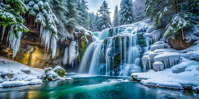 شلال متجمد مهيب في بلاد العجائب الشتوية 4K خلفية