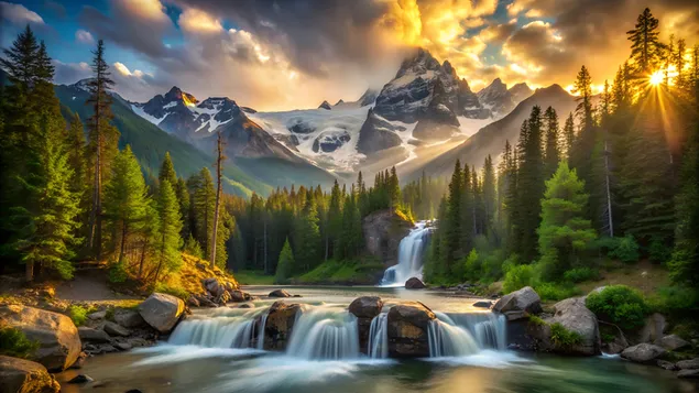 Taustpilt Majesteetlik Kuldse tunni mägimaastik kose ja kristallselge järvega 4K