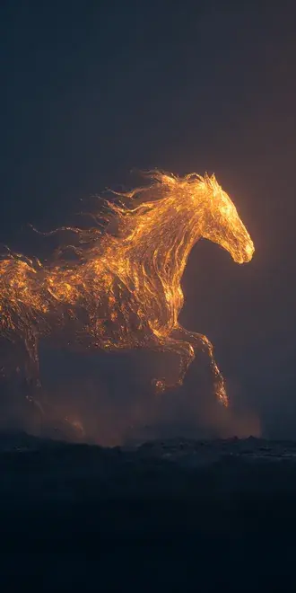 majestic horse made of liquid fire galloping through dark misty atmosphere with golden glow