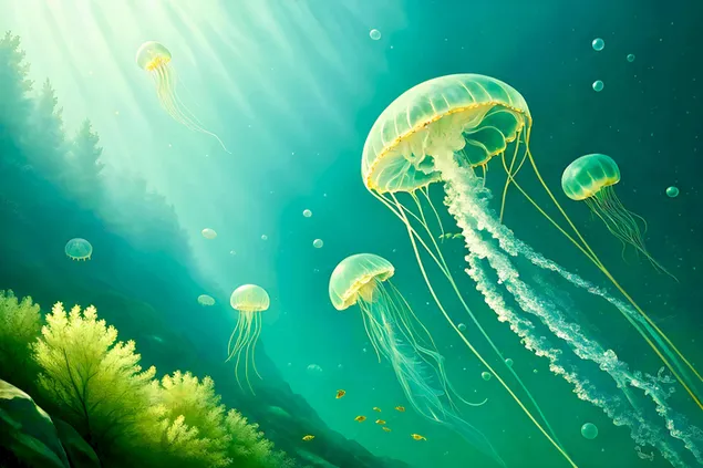 Tapeta Majestátní medúzy se elegantně proplétají sluncem zalitými hlubinami oceánu mezi korálovými útesy 4K