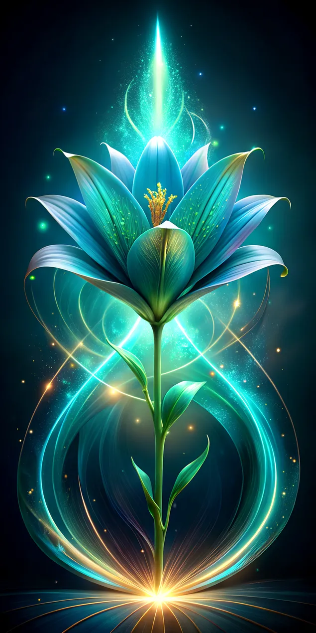 황금빛 후광이 있는 어둠의 공허 속에 떠 있는 빛나는 에메랄드와 사파이어 꽃잎이 있는 웅장한 백합 2K 배경화면