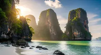 majestosas falesias de calcario elevam-se acima de aguas turquesas e uma praia de areia branca, tudo banhado pelo calor do sol tropical e pela vibrante folhagem verde. download