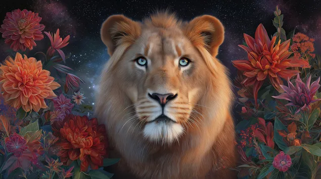 雄伟的蓝眼睛狮子，周围环绕着秋日的花朵 2K 壁纸