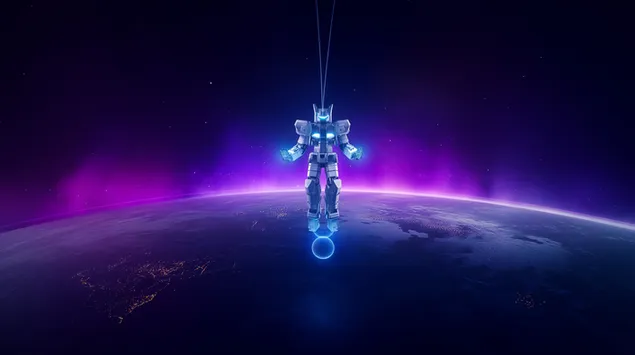 majestueuse mecha wat bo planeet met energiebol sweef aflaai