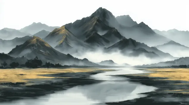 منظر جبلي مهيب مع توهج ذهبي ينعكس في بحيرة هادئة 2K خلفية