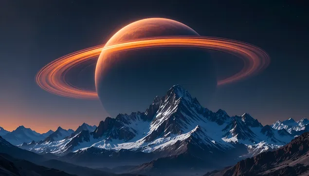 majestatni prstencova planeta nad zasnezenymi horami | kosmicka krajina stahnout