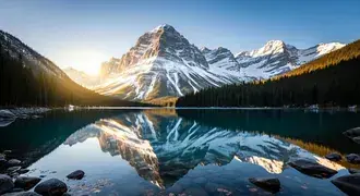 majestic snow-capped mountains tower above a serene forest lake, their grand peaks and sunlit slopes mirrored perfectly in the clear, blue water for a