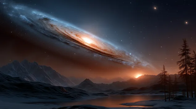 Veličastna spiralna galaksija nad zamrznjenim jezerom in gorami 2K ozadje