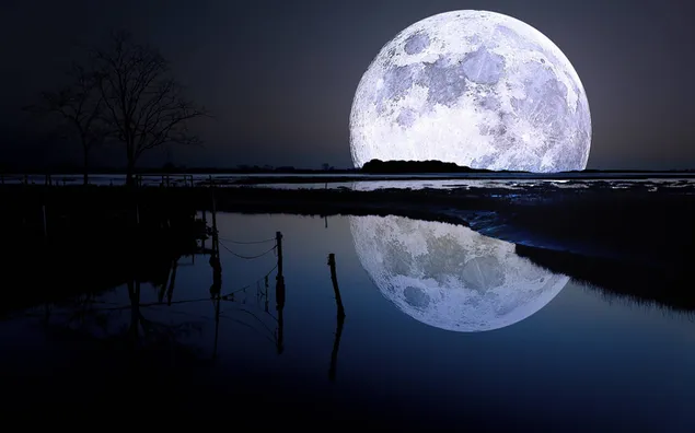 Pemandangan luar biasa dari bulan purnama yang terpantul di air dalam kegelapan unduhan