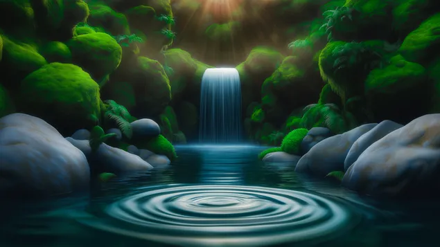 Majestueuze waterval in de diepte van het bos 2K achtergrond