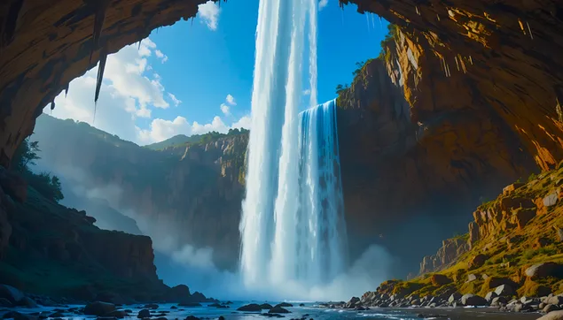 从洞穴入口处可欣赏到壮丽的瀑布景色 4K 壁纸