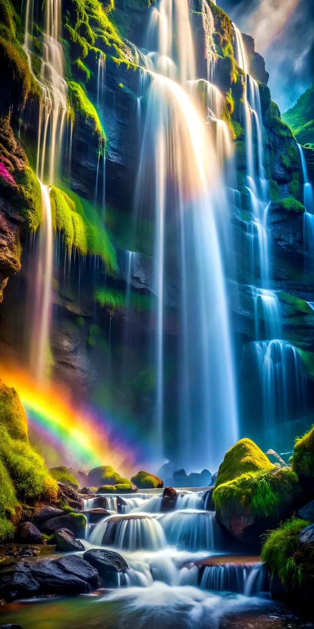 Величествен водопад с дъгова мъгла и светещи покрити с мъх скали в сенчеста пещера 2K тапет