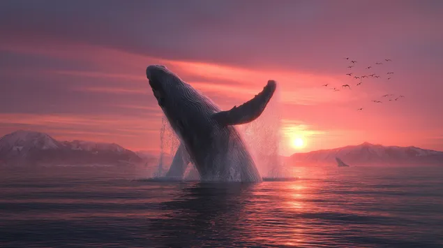 Величественный кит, выпрыгивающий на закате в яркий океан 2K обои