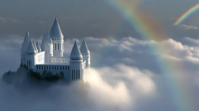 Majestuós castell blanc entre núvols amb un arc de Sant Martí vibrant 2K fons de pantalla
