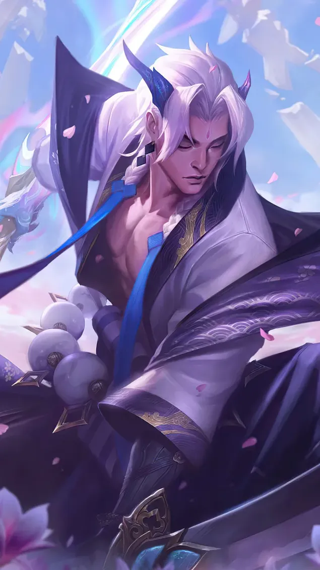 Male anime character from Spirit Blossom series with white hair in purple  outfit 2K wallpaper download