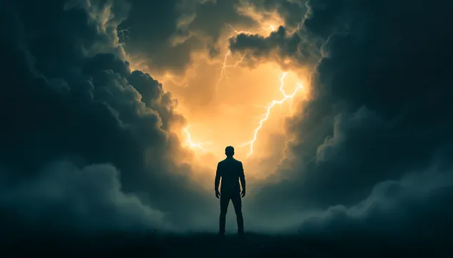 man wat storm trotseer: krag, weerlig en dramatiese lug aflaai