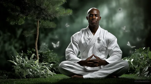 Man wat in 'n rustige buitelug-omgewing mediteer met gloeiende skoenlappers 2K muurpapier