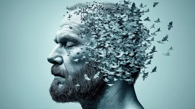 Man se kop disintegreer in voëls, konsep van geheueverlies 2K muurpapier