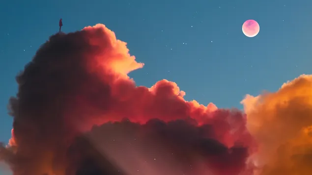 איש עומד על עננים וצופה בירח 4K טפט