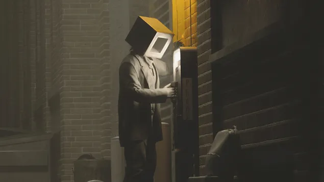 pria berkepala kotak menelepon dari std unduhan