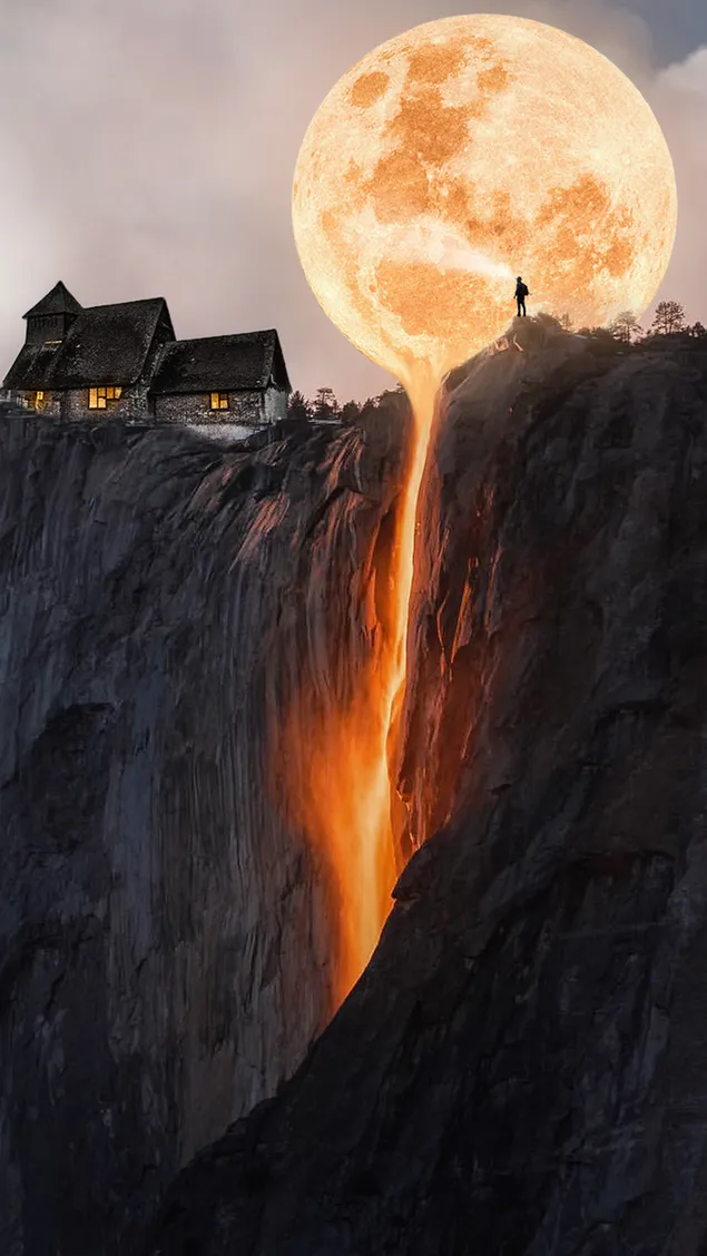 満月から崖に流れる火の滝と崖の上の平屋建ての家