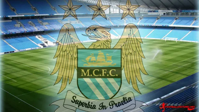 Logotip in stadion nogometnega kluba Manchester City, eno od ekip angleške Premier lige HD ozadje