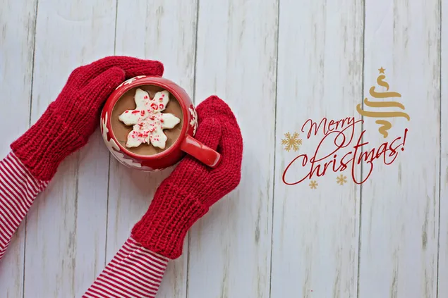 Manos con guantes rojos sosteniendo una taza roja de Choco caliente y un saludo de "Feliz Navidad"