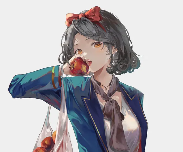 Manzana roja en mano de Blancanieves con un pañuelo rojo, cabello negro corto y chaqueta azul. descargar