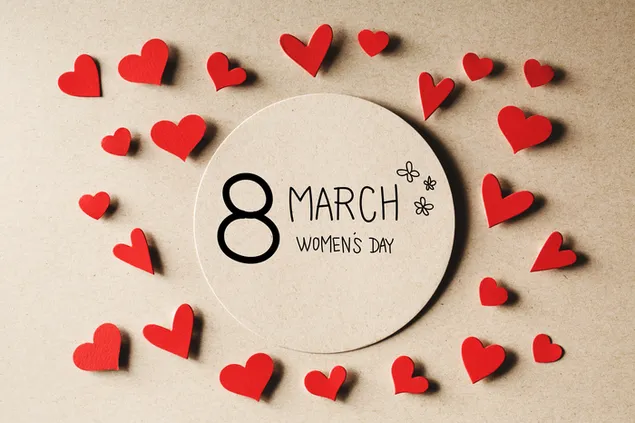 8. März Frauentag mit ausgeschnittenem rotem Herzhintergrund