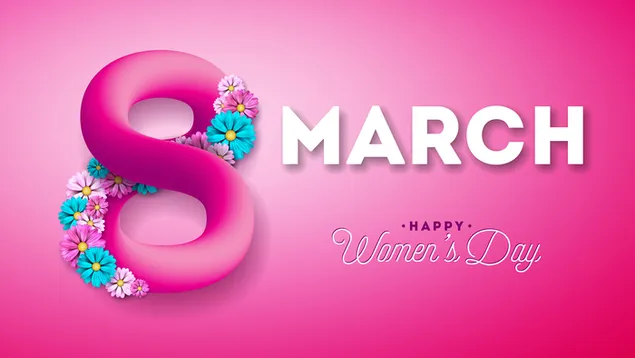 Feliç dia de la dona de març número 8 lletres mig plenes de flors, fons rosa baixada