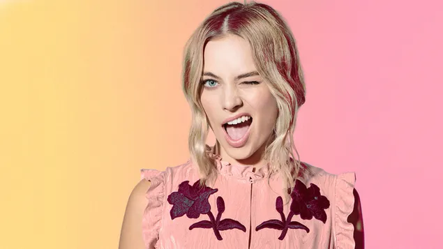 Margot Robbie silly wink with pastel colors background