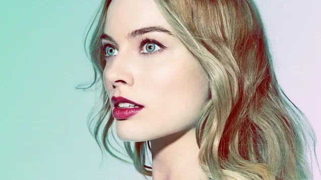 Margot Robbie funkelnde blaue Augen und sexy rote Lippen HD Hintergrundbild