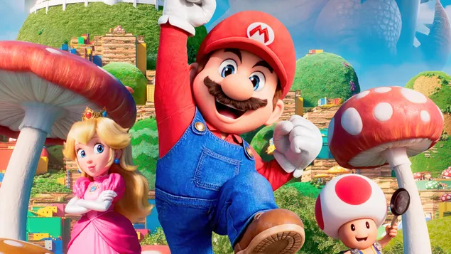 Mario amb la princesa Peach i el gripau | Super Mario Bros. (pel·lícula) 4K fons de pantalla