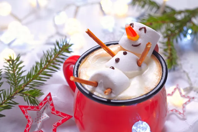 Marshmallow, die eruitziet als een grappige sneeuwpop in een rode mok download