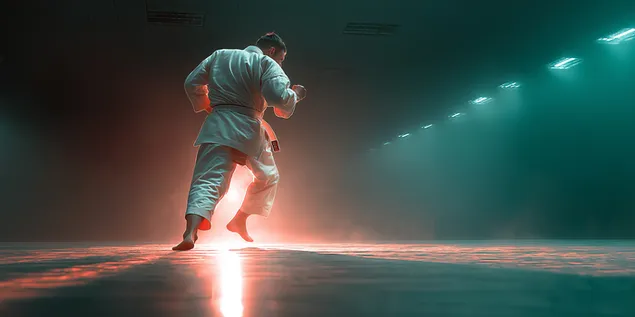 artista marcial en accio amb il*luminacio dramatica d'arena baixada